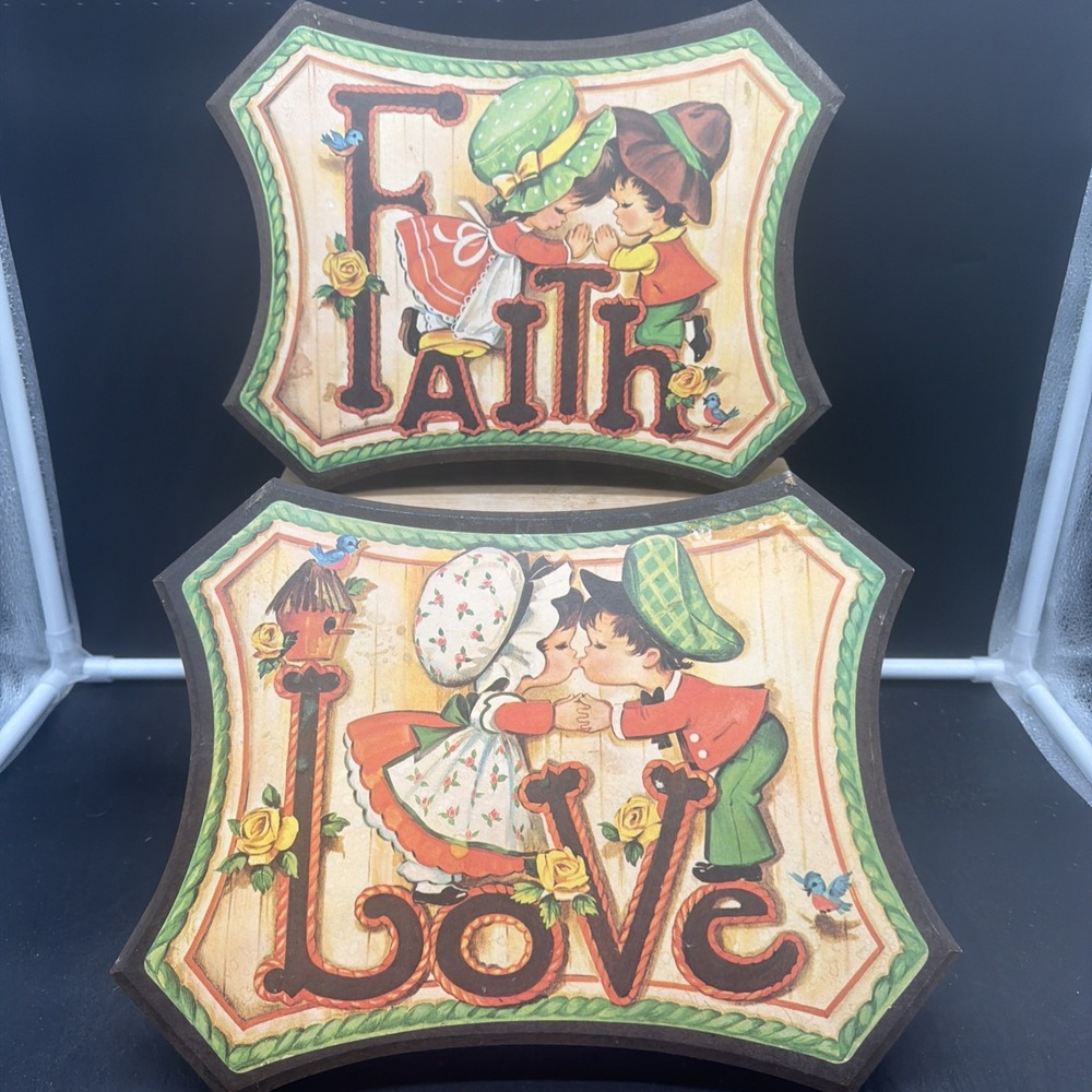 VTG Wood Wall Plaques Love & Faith 1970's Retro CottageCore Homco Kids Room